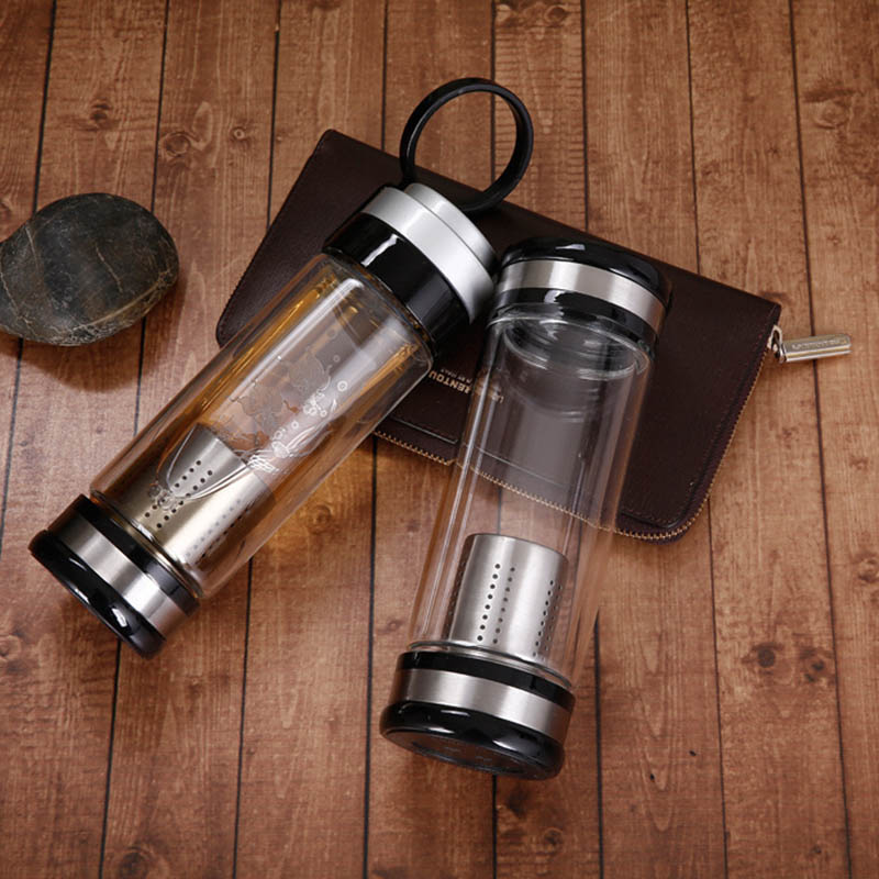 雙層玻璃杯 男女便攜水杯創(chuàng)意雙蓋過濾辦公杯子 茶水分離耐熱茶杯